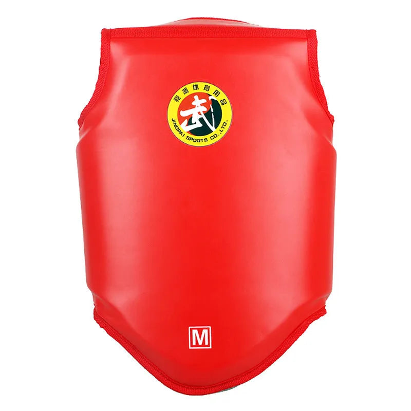 Boxing helmet and chest protector set in red colour with PU construction
