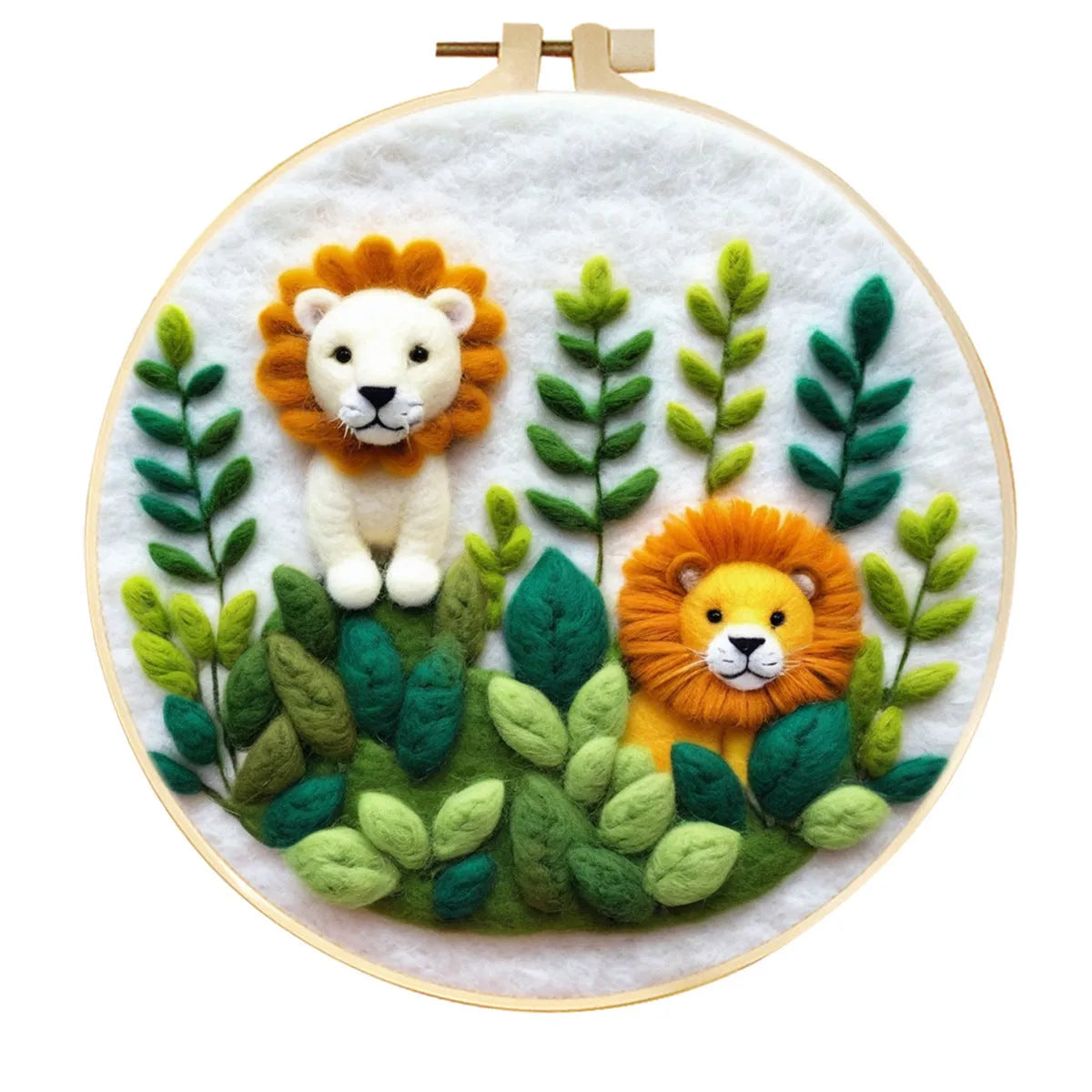 Round linen embroidery frame with wool felt floral decoration kit for three-dimensional wall art