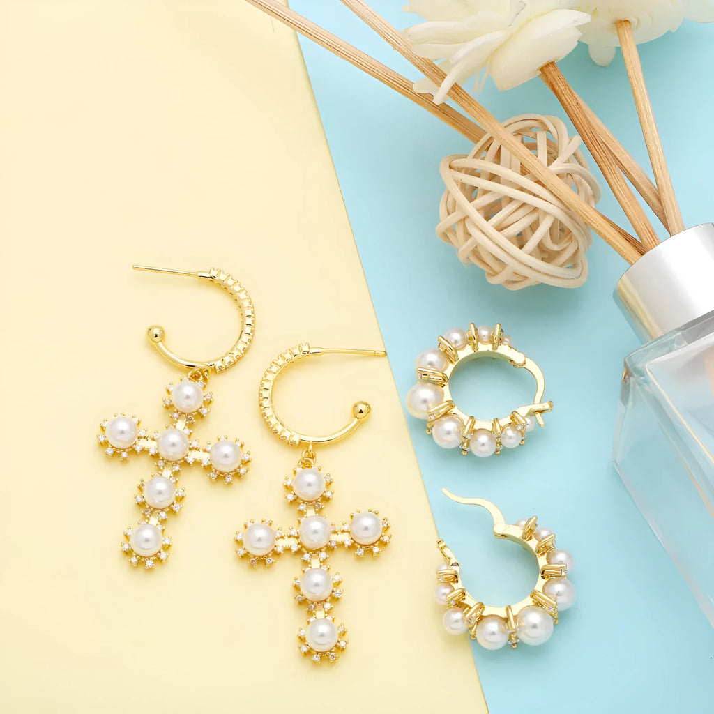Pearl geometric circle ear clip cross eardrops in copper, pair of earrings for women, colour A and B