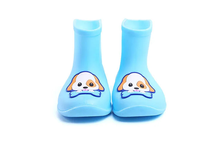 Children's short rain boots in yellow, pink, or blue with non-slip sole, waterproof PVC upper, cartoon pattern, sizes 14-18