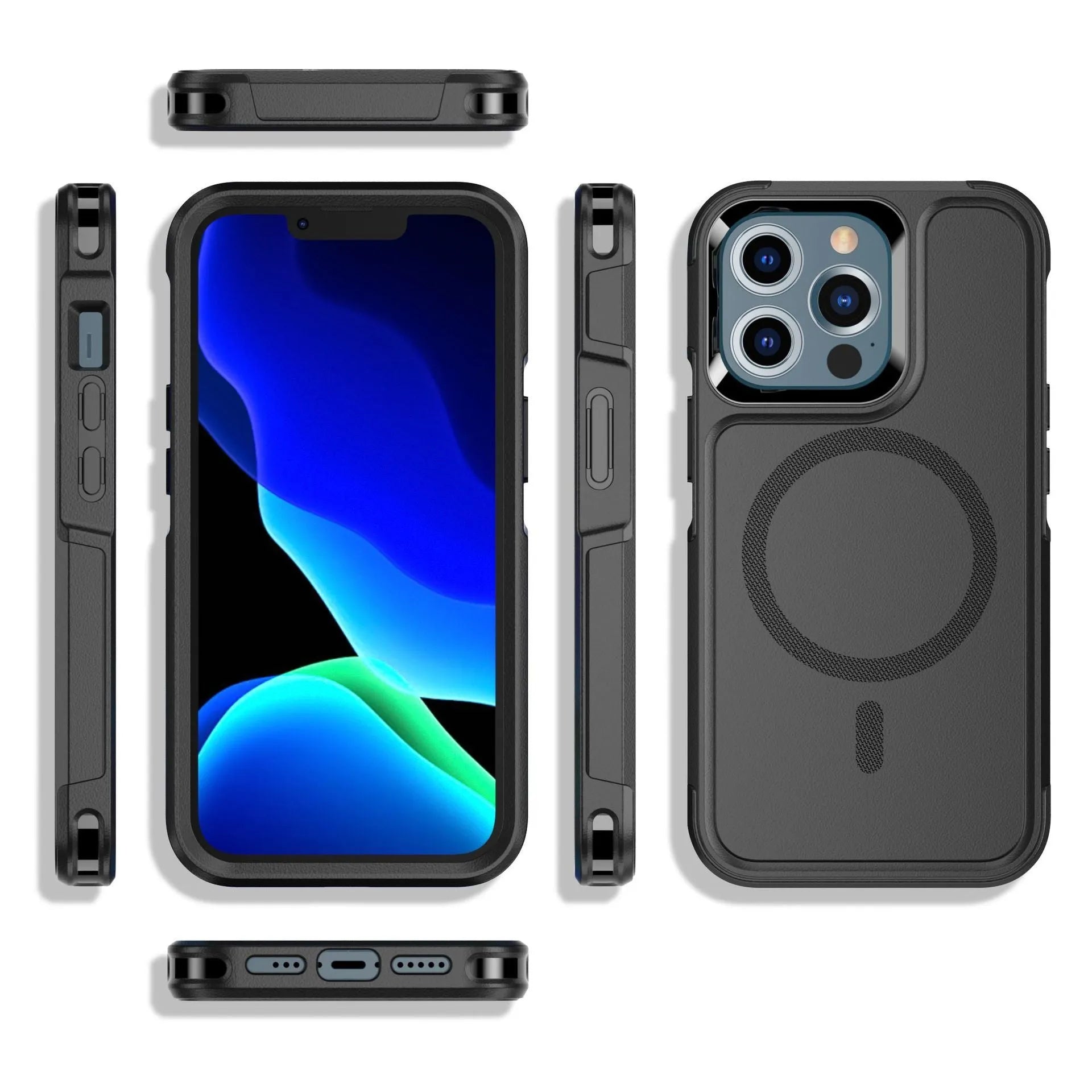 Black shatterproof magnetic phone case for iPhone 12 and 13 series on a table