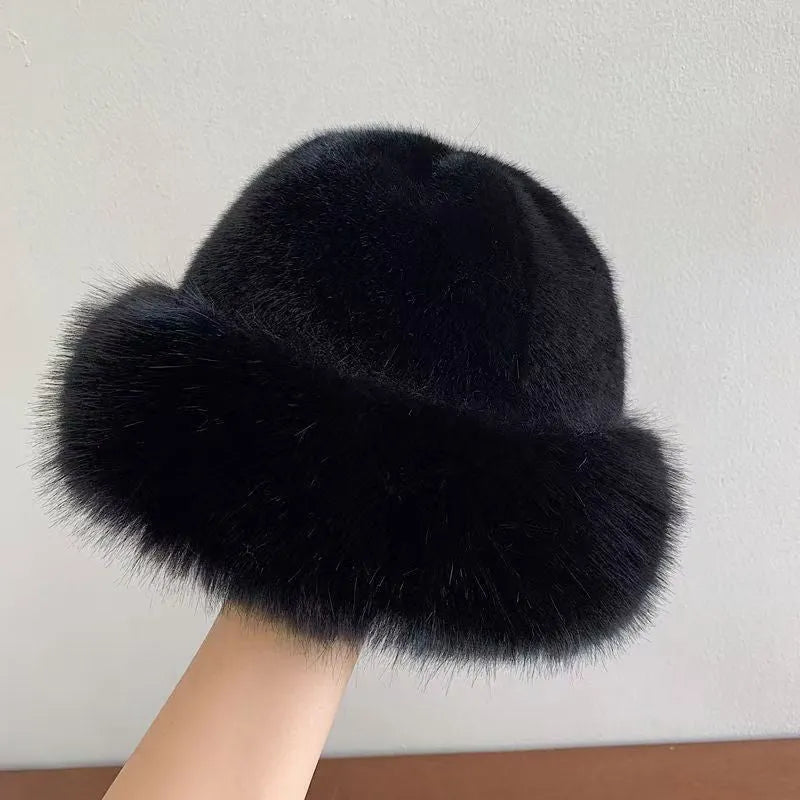 Plush Mongolian hat in faux mink fur, dome style, cold-proof for winter, available in black, brown, milk tea, and milky white