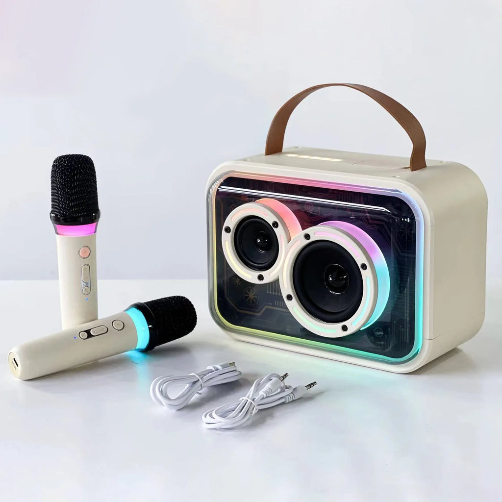 Portable Bluetooth karaoke speaker with colourful RGB lights showing black or light yellow colour options
