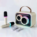 Portable Bluetooth karaoke speaker with colourful RGB lights showing black or light yellow colour options