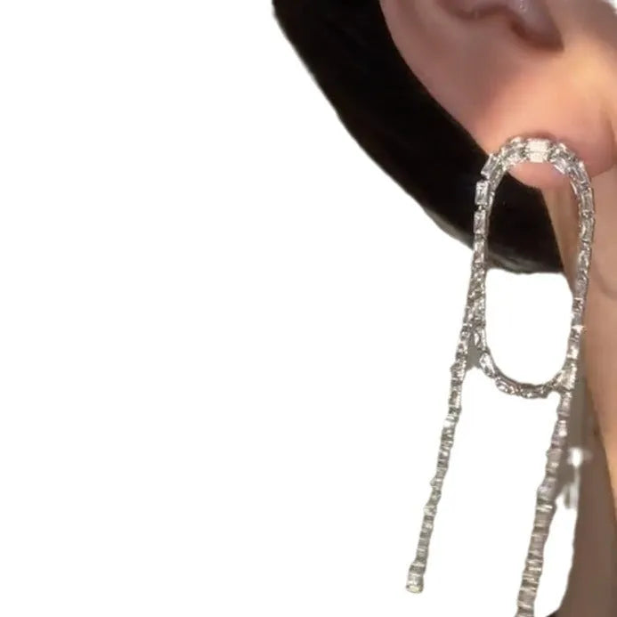 Silver knotted zircon long tassel ear studs for women geometric shape copper electroplated
