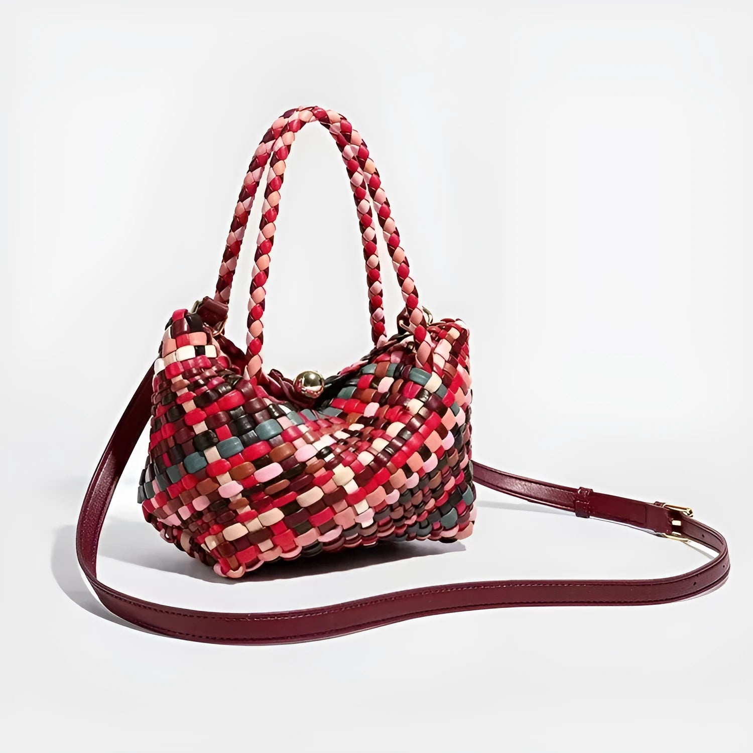 Women's casual woven shoulder bag in PU leather, showing textured hand-woven detail.