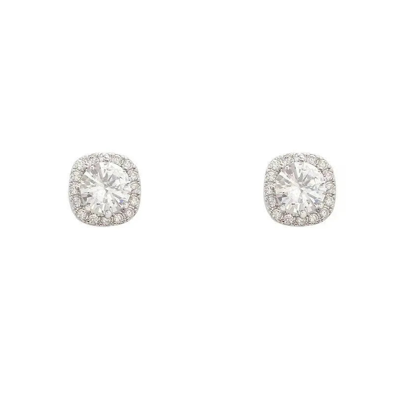 A pair of square geometric diamond earrings for women in an alloy metal, shown in silver and gold colour options.