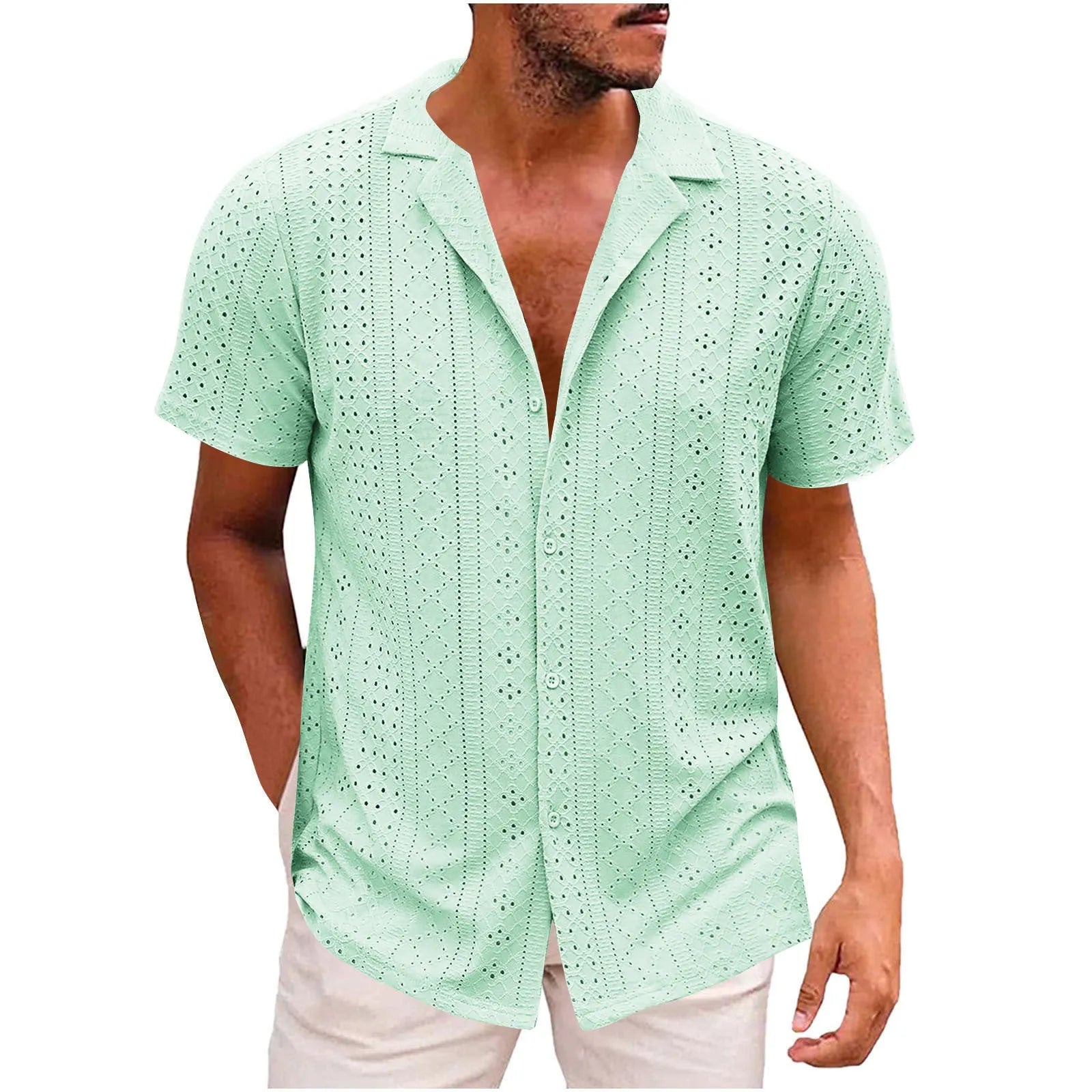 Breathable lightweight lapel men's casual shirt in cardigan style, regular fit, polyester fibre fabric, available in multiple colours