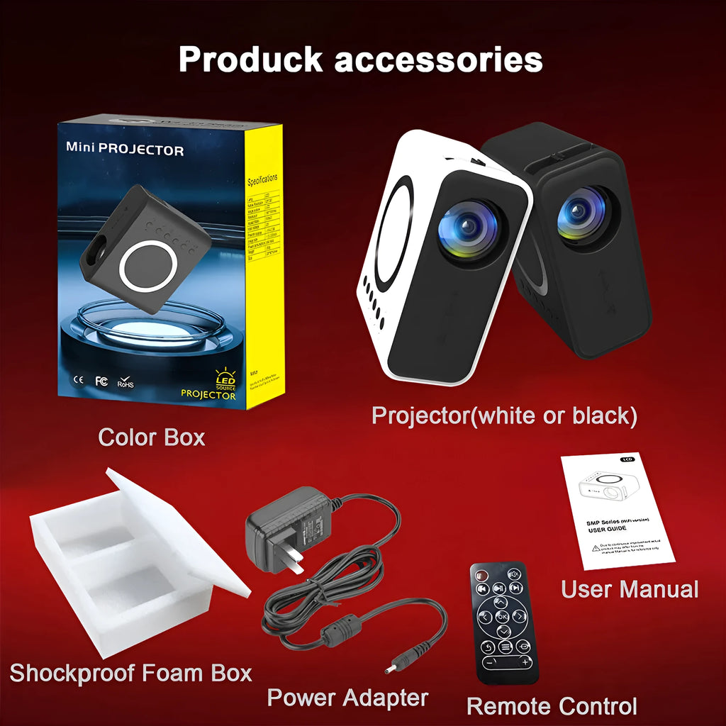 YT300 black or white portable mini LED projector showing compact size and lens for home cinema projection.