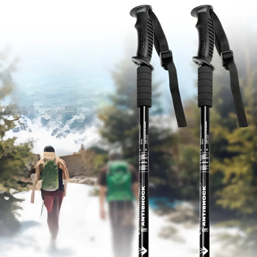Aluminium alloy telescopic trekking poles with straight handles, adjustable from 65cm to 135cm, shown with mud supports and snow holders.
