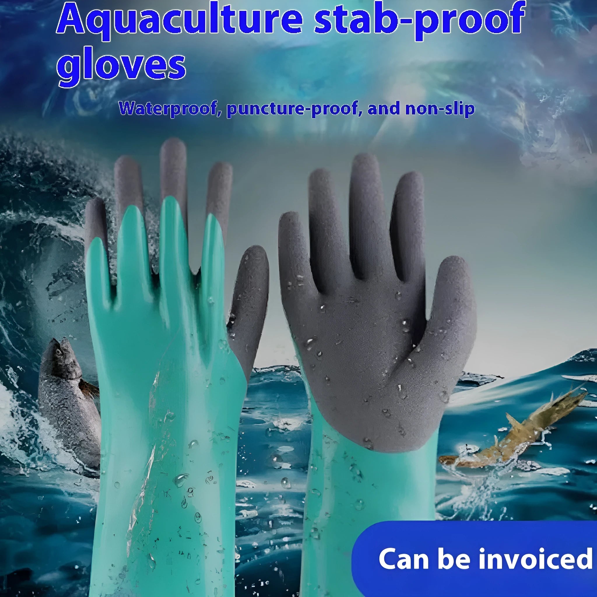 Navy blue nitrile fishing gloves with extended cuff, shown on hands holding a fish.