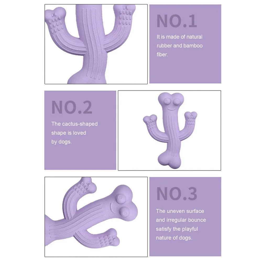 Beige, blue, and purple cactus-shaped dog chew toy made from bamboo fibre and rubber