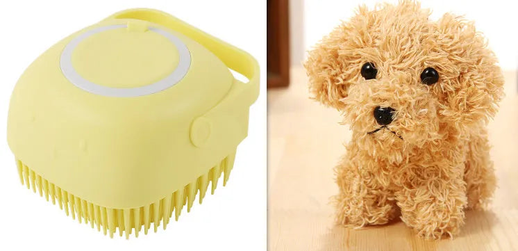 Blue silicone dog bath brush with soft bristles for washing and massage