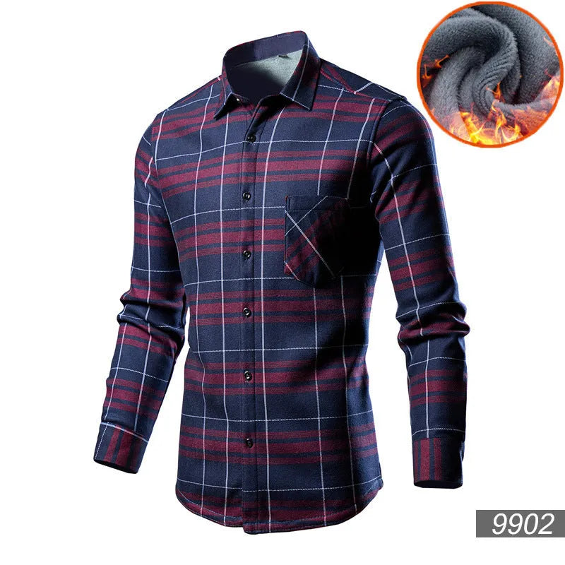 Men's fleece-lined cardigan shirt in solid colour with loose fit design