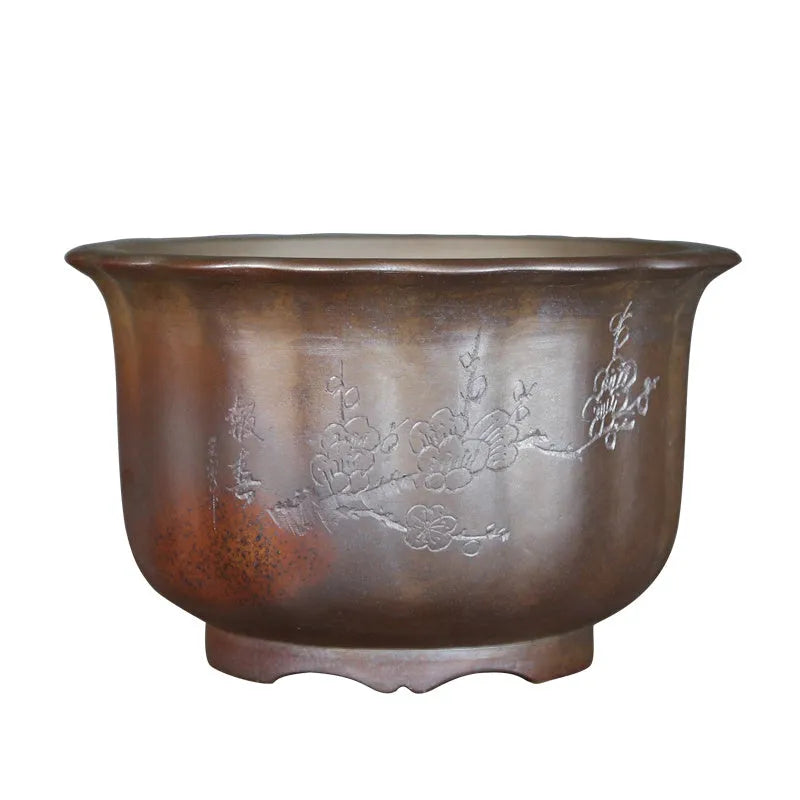 Purple sand ceramic antique carved flower pot in large size with s1696 firewood colour finish