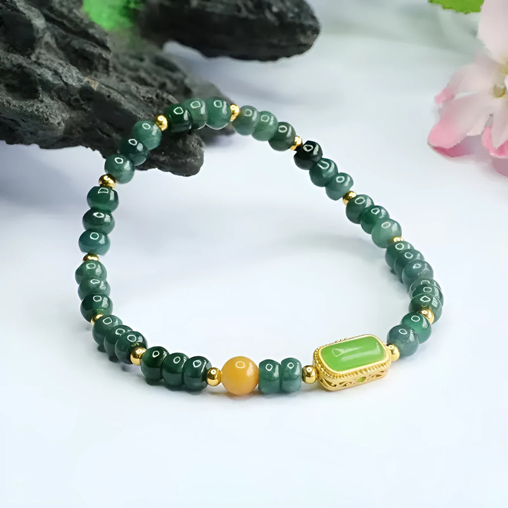 Blue natural stone bracelet with abacus beads in geometry shapes including round, oval and ring elements