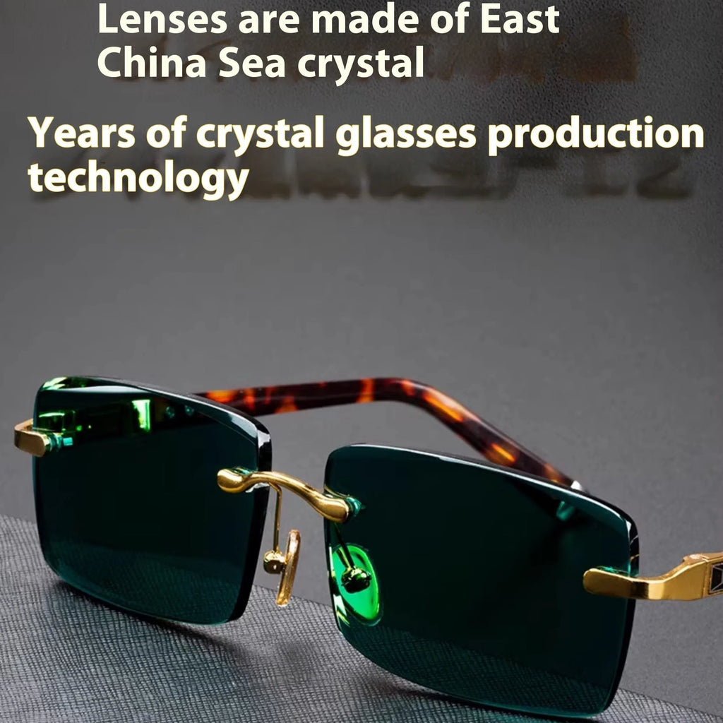 Frameless dark green crystal glasses with case and lens cloth, sunshade eyewear set