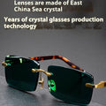 Frameless dark green crystal glasses with case and lens cloth, sunshade eyewear set