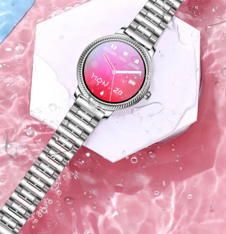 AK38 ladies smart watch with stainless steel Milanese band and 1.09-inch colour screen.