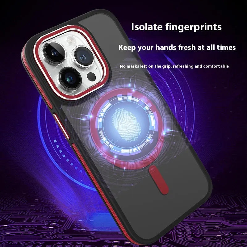 Magnetic iPhone case with frosted TPU shell and metal lens ring in black, blue, gray, orange, wine red, or dark purple.