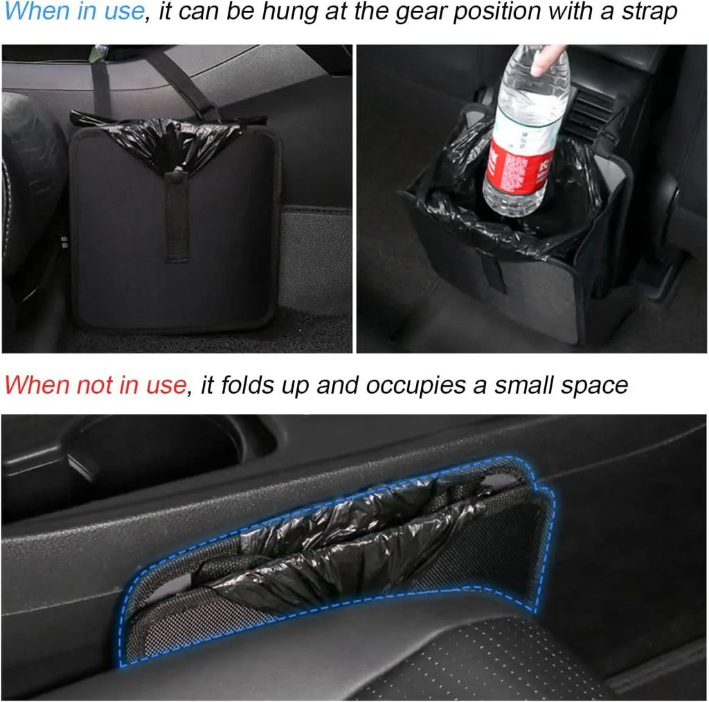 Black car folding trash can made from waterproof Oxford cloth with hanging mechanism