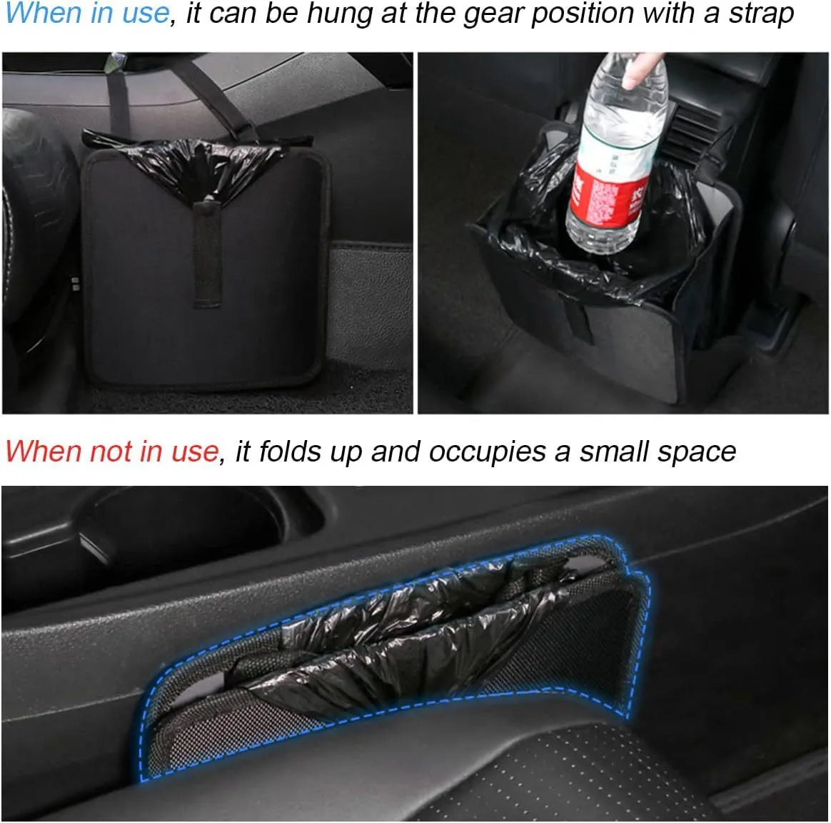 Black car folding trash can made from waterproof Oxford cloth with hanging mechanism
