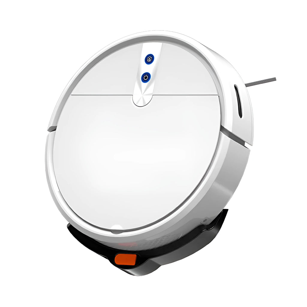 White or black automatic recharge sweeping robot for household floor cleaning.