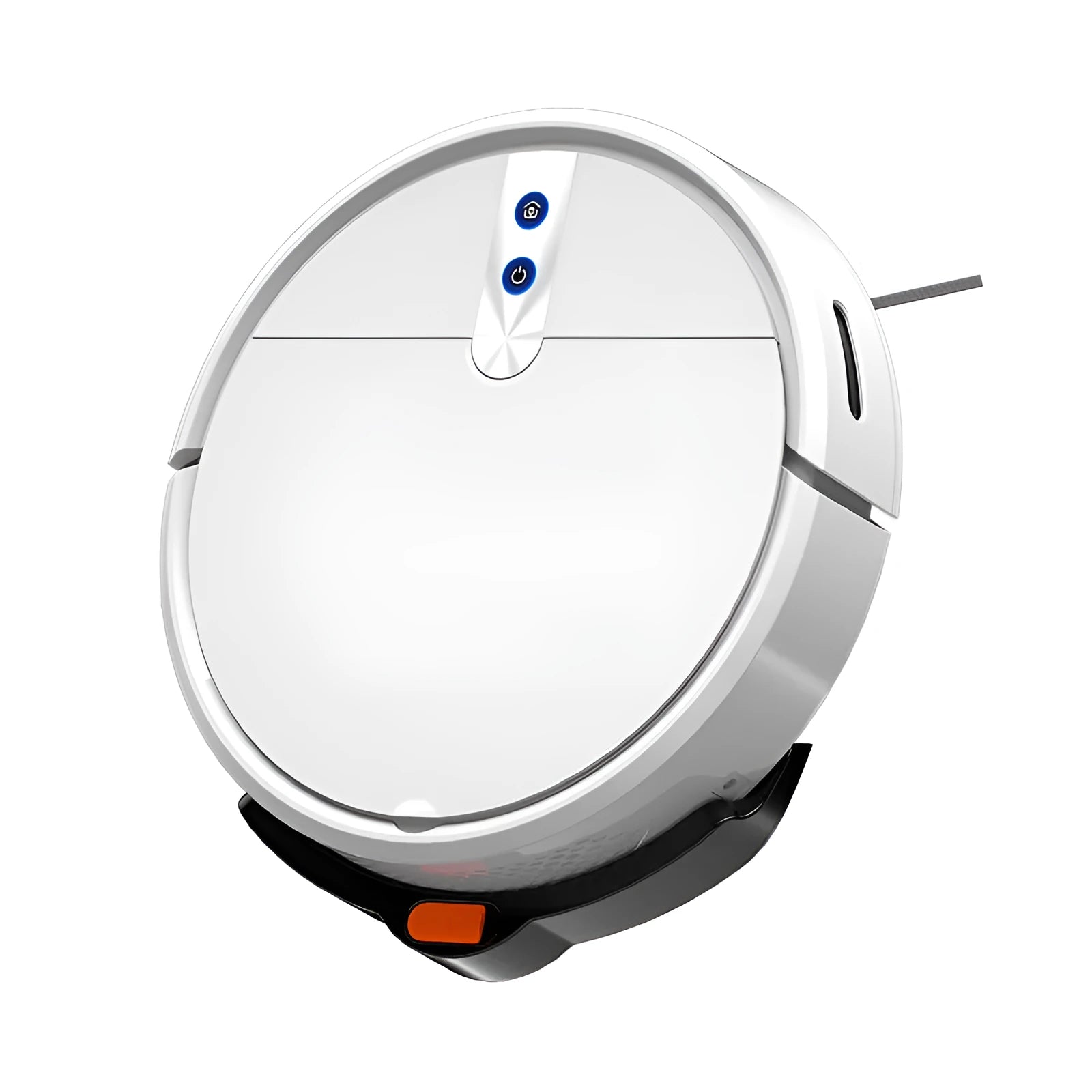 White or black automatic recharge sweeping robot for household floor cleaning.
