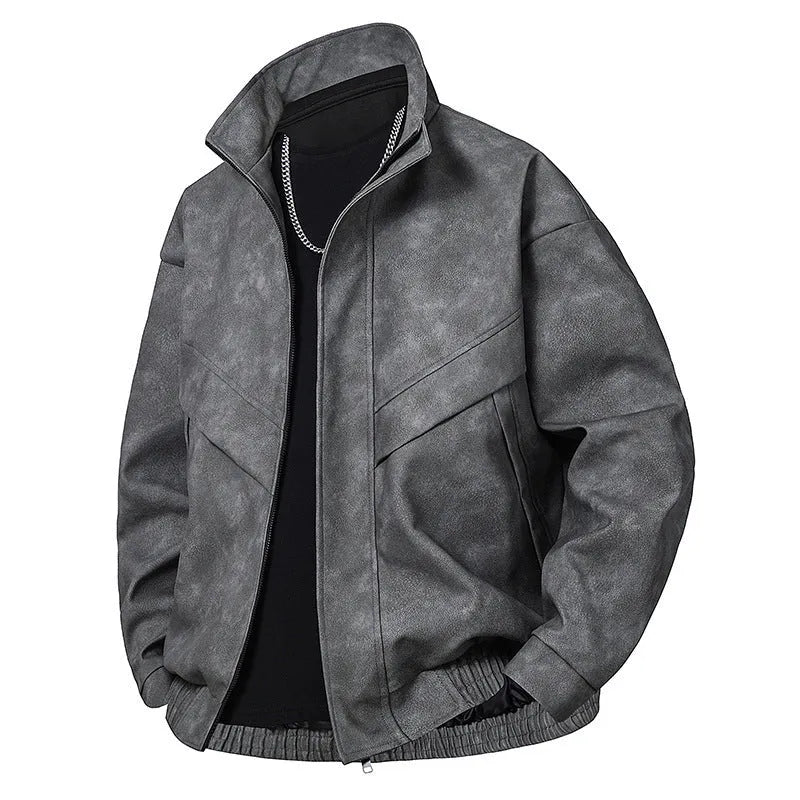 Mens slim fit PU leather coat in black gray with side pockets, straight hem, and loose fit