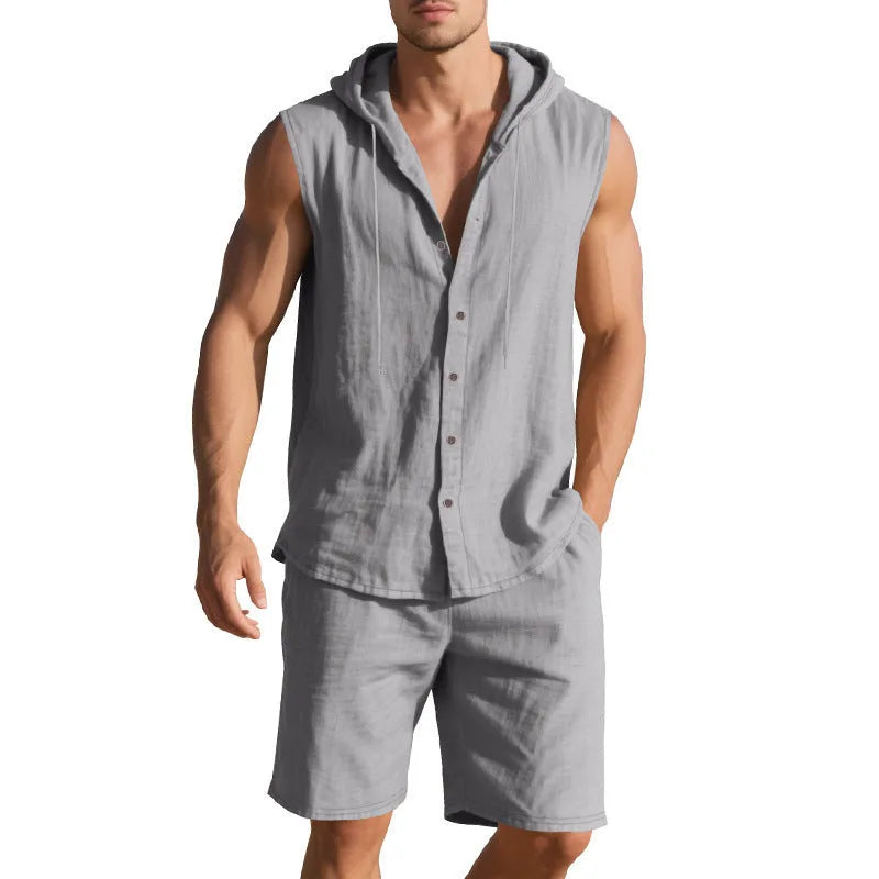 Men's sleeveless linen shirt and matching shorts suit set in light khaki colour