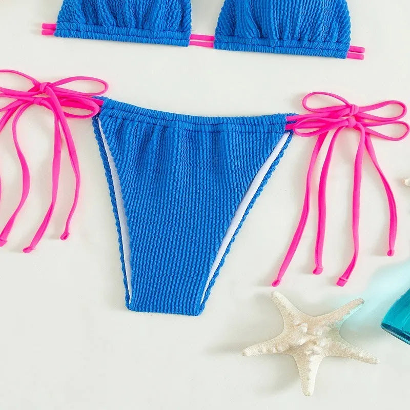 Women's lace-up swimsuit bikini set in solid colour nylon fabric for swimming