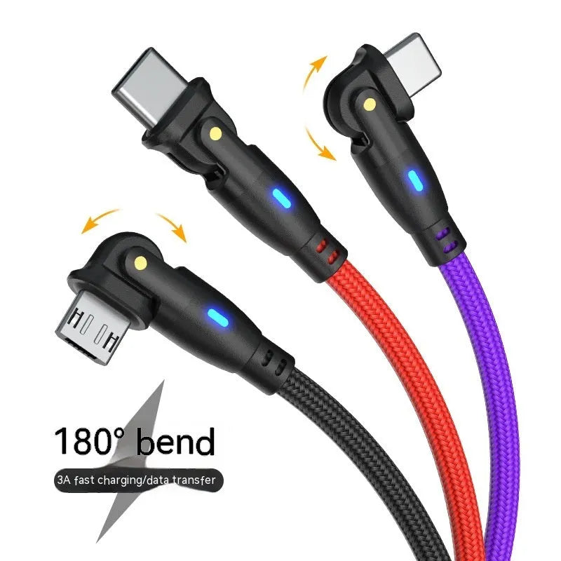 180 degree bend data cable with aluminium alloy connector and nylon woven outer in black, red or purple
