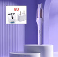 White and pink automatic hair curler with a 32mm rotating ceramic barrel and clamp, resting on a table with international power adapters.