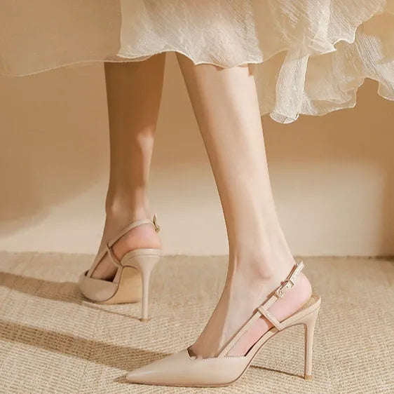 Apricot women's high-heeled sandals with one-line buckle toe strap and thin belt design