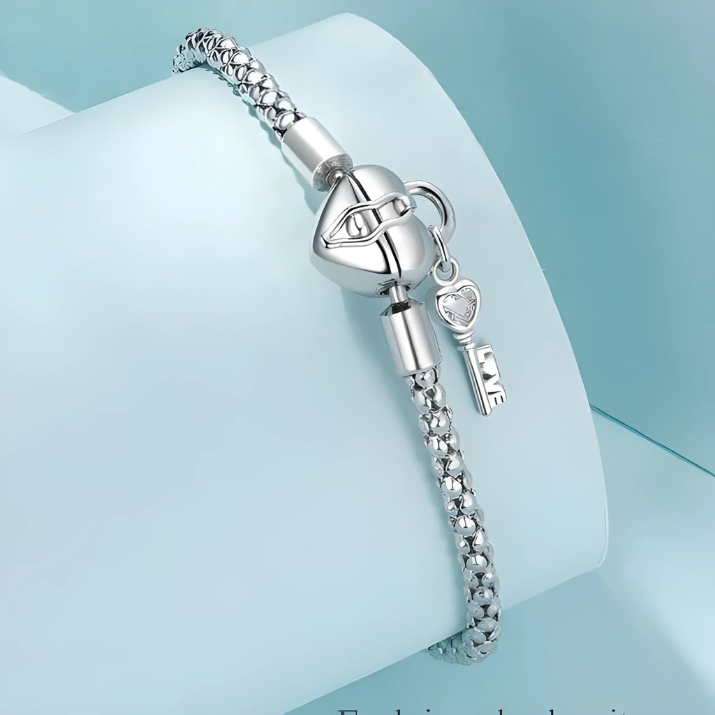 925 silver heart lock key base bracelet on white background, 17cm or 19cm size option
