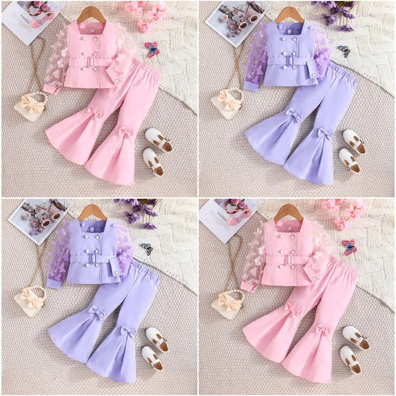 Girls' solid colour mesh sleeve top and bell-bottom trousers suit in polyester