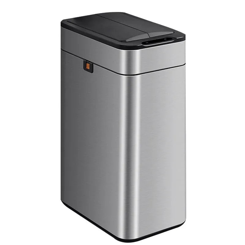 Stainless steel automatic sensor touchless trash can with deodorant and square bucket shape.