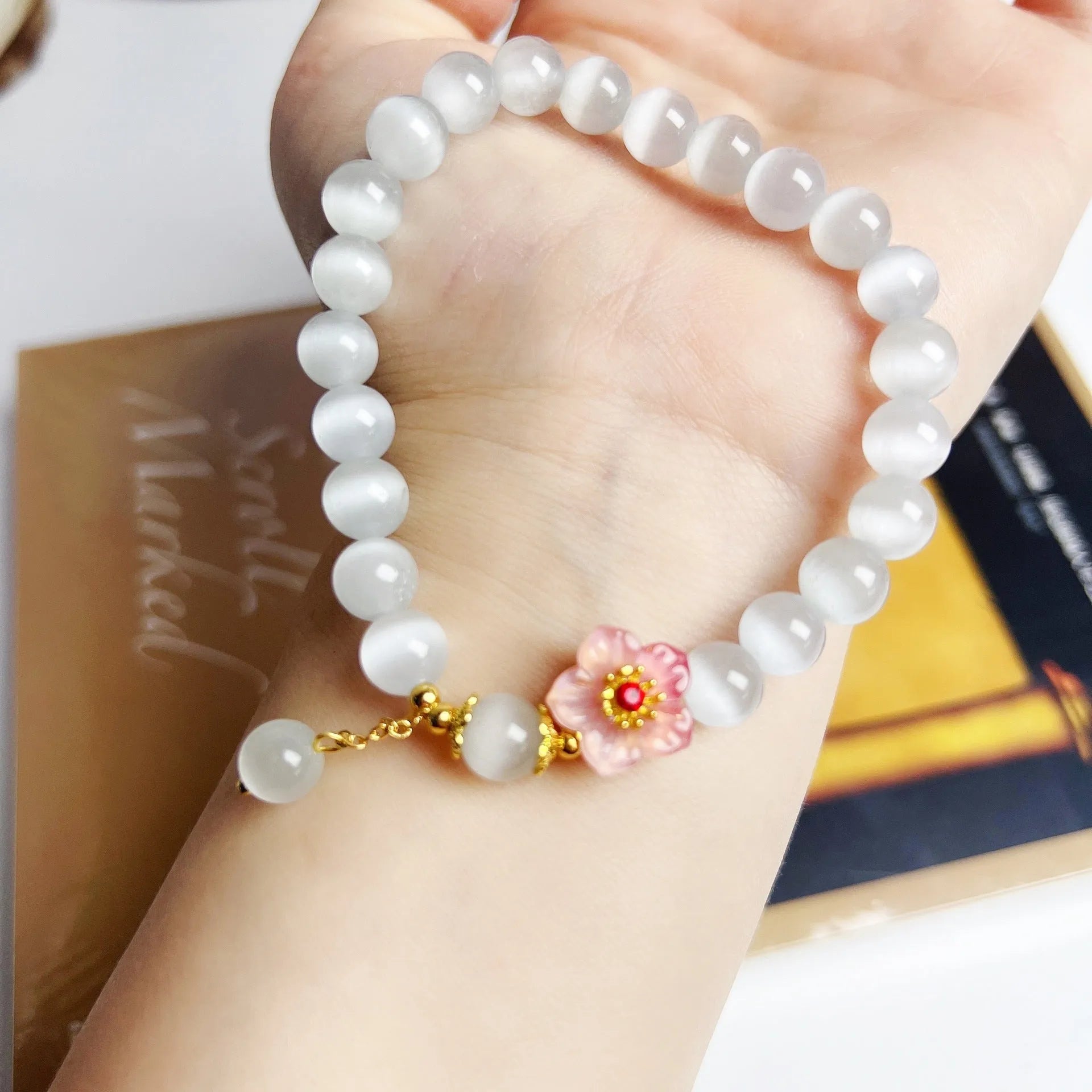 White opal flower beaded bracelet with glass and coloured glaze materials, handcrafted Chinese style design