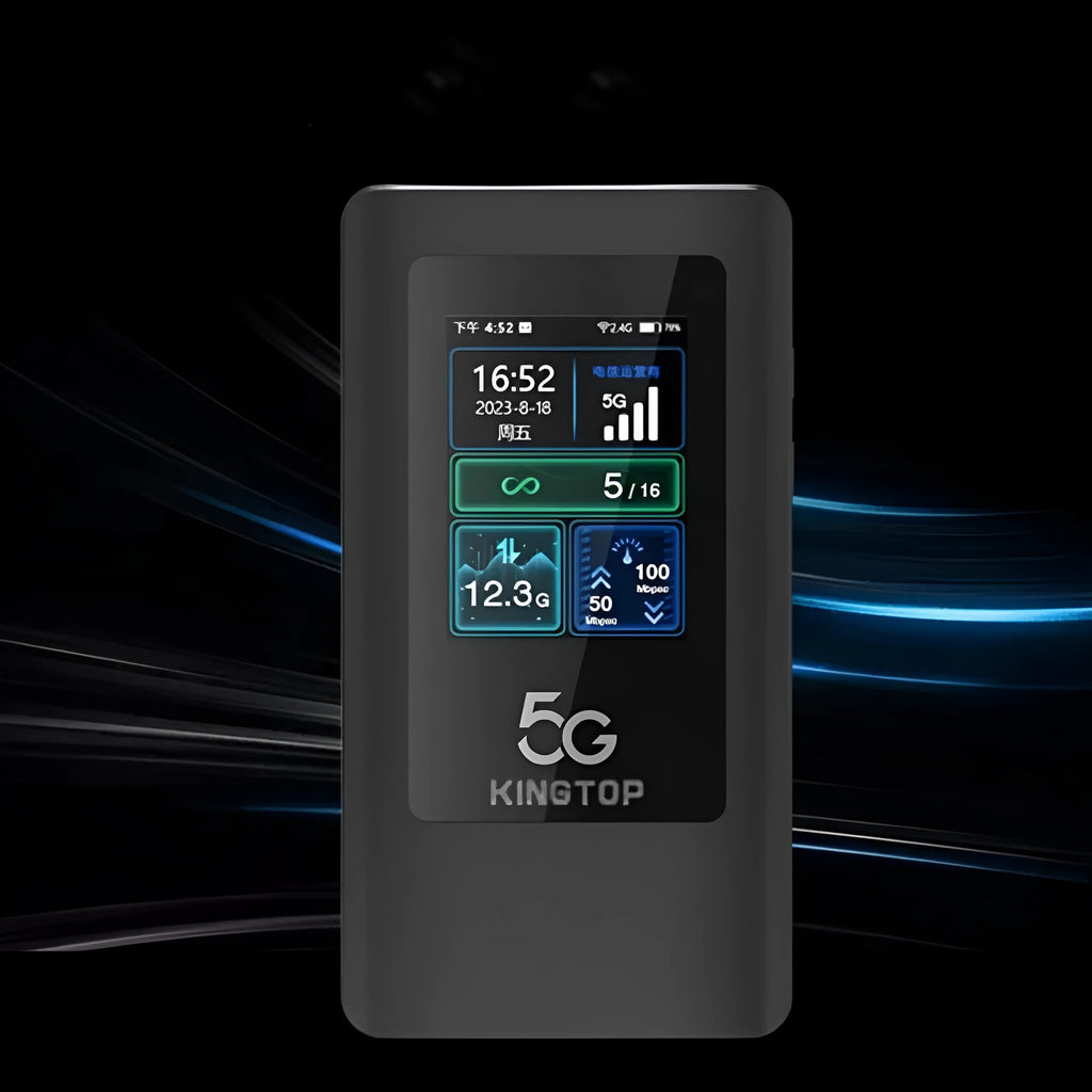 Black portable 5G Wi-Fi router with LCD display showing connectivity status and battery level