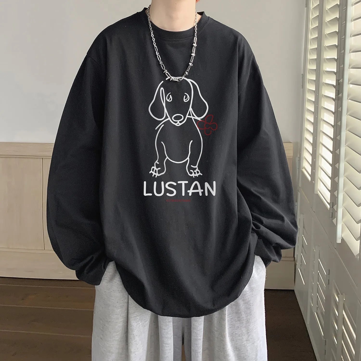 Cotton long sleeve T-shirt with cartoon puppy print, loose fit, in lake blue colour