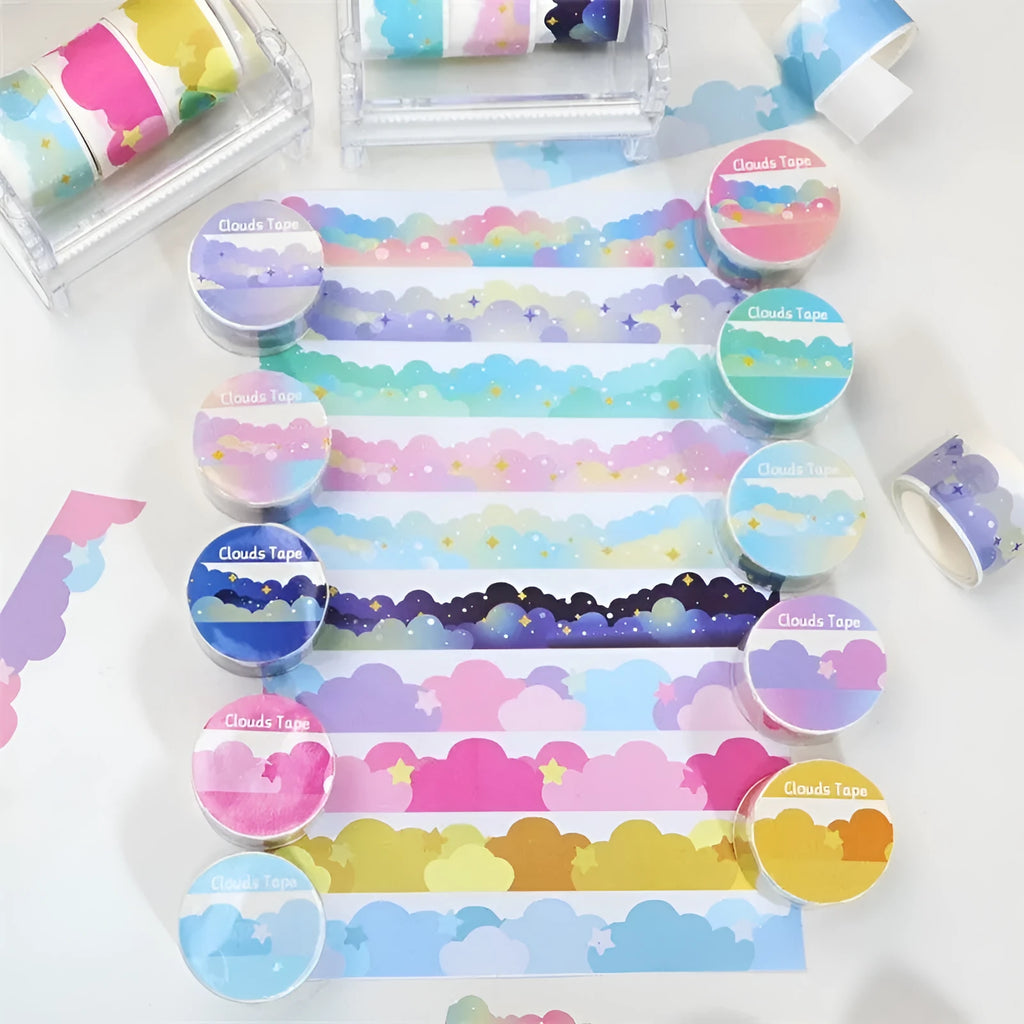 Roll of stars and clouds border pattern washi tape on a white background, showing 24mm width.