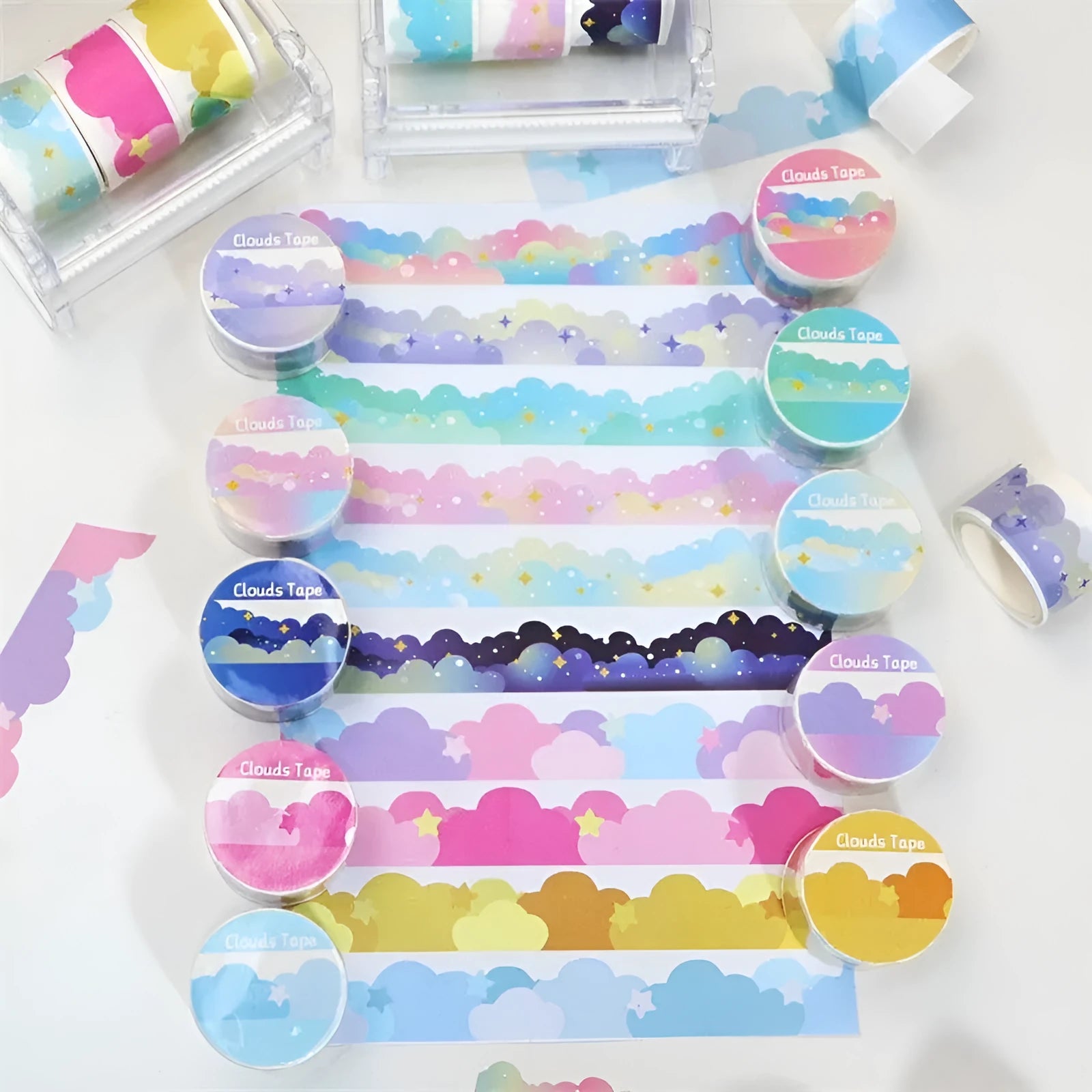 Roll of stars and clouds border pattern washi tape on a white background, showing 24mm width.