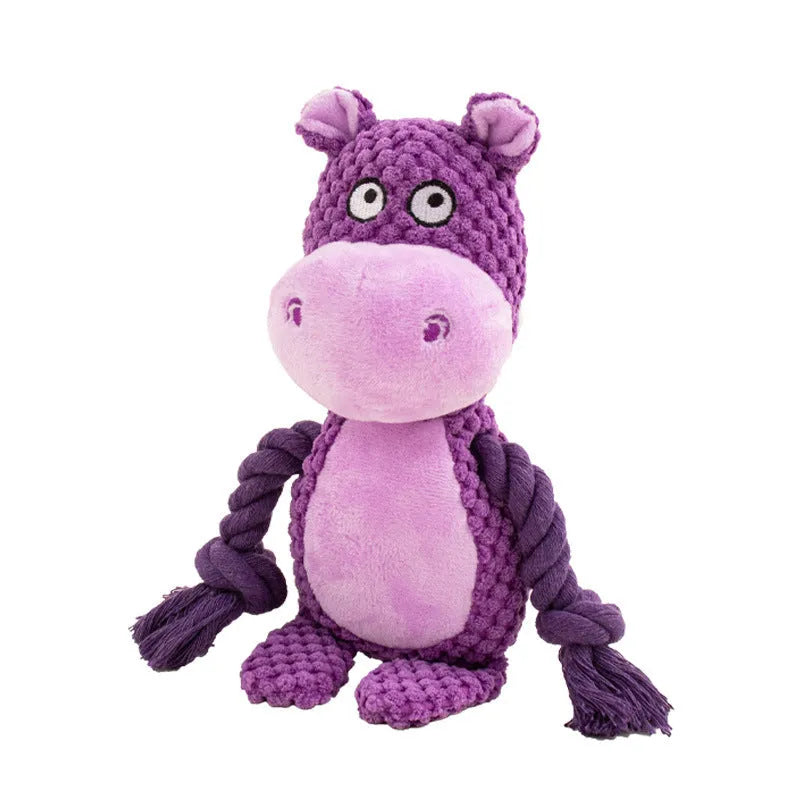 Plush and cotton rope interactive tug of war dog toy in hippo design