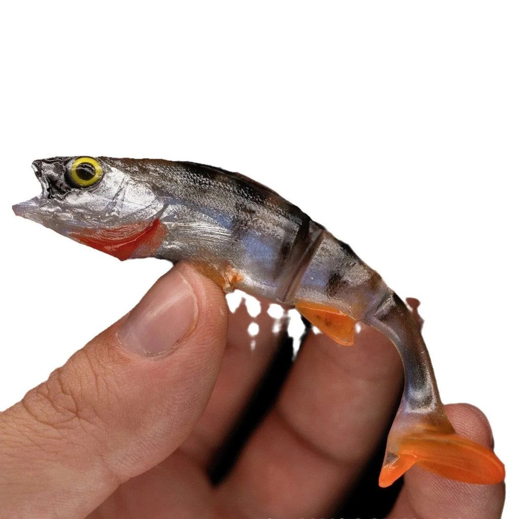 Two soft plastic fishing lures with fish T tails and realistic fish colour patterns on a blue background.