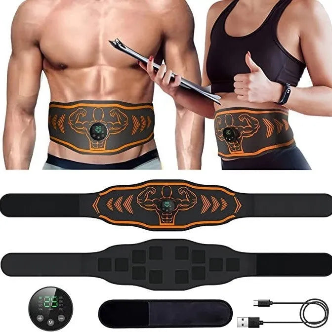 Smart Massage Belt EMS kit with blue host unit, adjustable black belt, and two arm muscle stickers on a grey background.