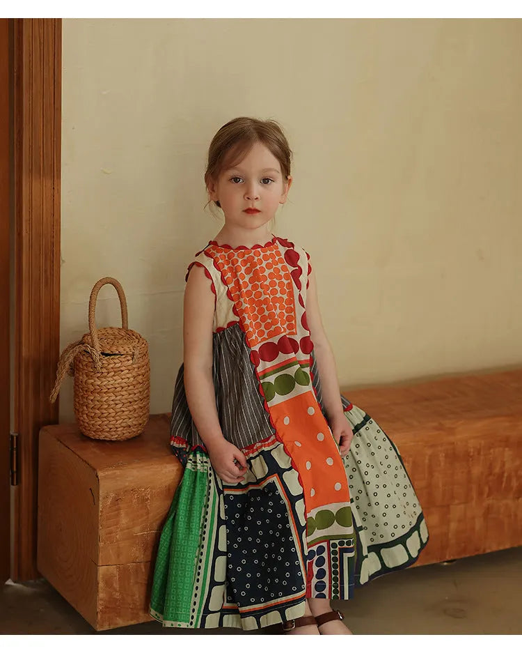 Girls sleeveless cotton dress with abstract colour contrast patchwork in skirt colour, suitable height 90cm to 140cm