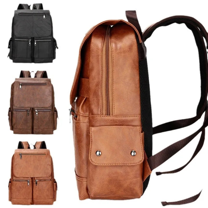 Men's vintage canvas laptop backpack in black with PU leather finish, 14-inch size, sewing thread detailing