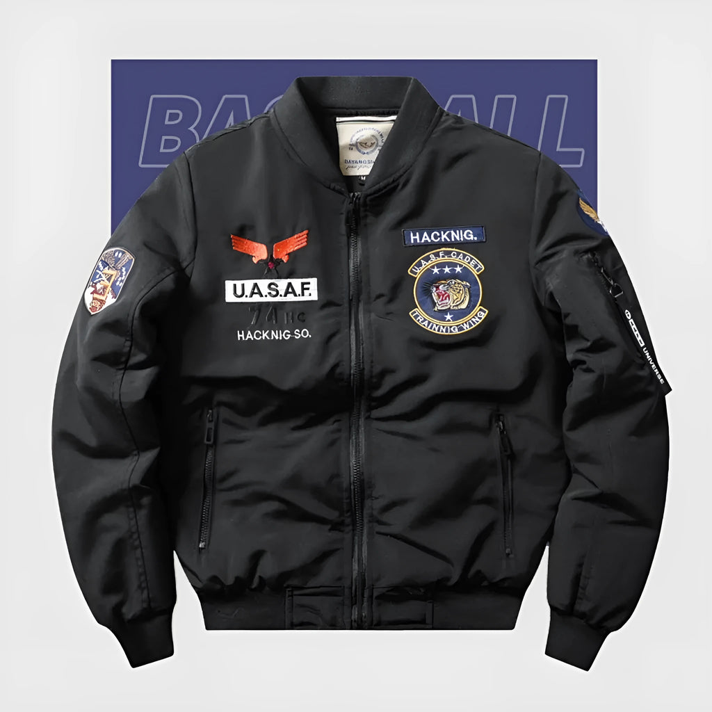 Men's slim-fit black retro cotton-padded coat with stand collar and patch pockets.