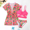 Girls floral pattern split overclothes bikini swimsuit two-piece set
