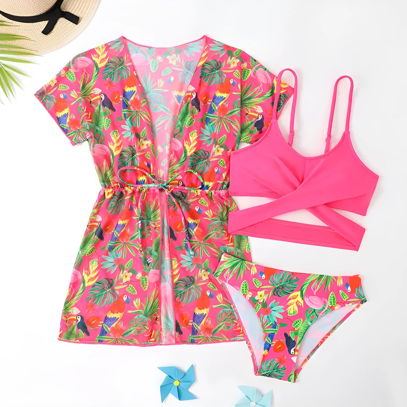 Girls floral pattern split overclothes bikini swimsuit two-piece set